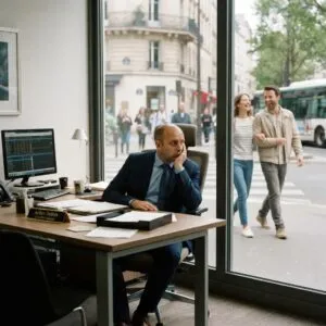 Image d'un conseiller bancaire qui s'ennuie dans son agence